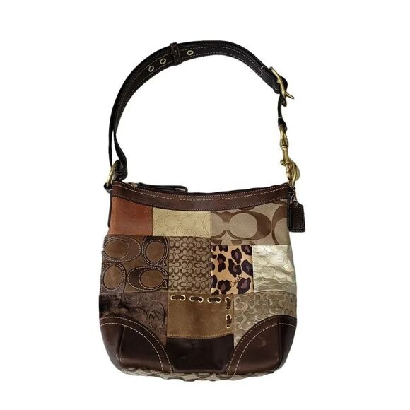 Vintage Coach Animal Print Patchwork Suede, Leather, Canvas & Velvet Hobo Bag - Picture 4 of 14